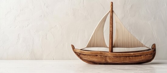 Decorative wooden toy boat on a white textured background Space for text Concept of summer and vacation. Copy space image. Place for adding text and design