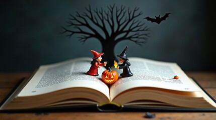 Miniature witches, pumpkins, and a barren tree emerge from the pages of an open book, blending magic and storytelling in a whimsical scene.