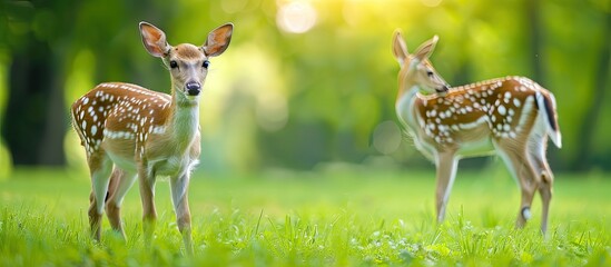 Canvas Print - A deer on green grass with a blurred background. Copy space image. Place for adding text and design