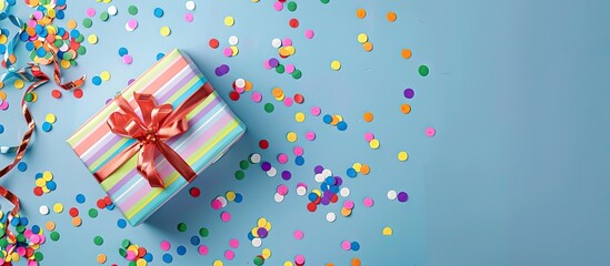 Canvas Print - Rainbow gift box and candy confetti on a blue backdrop Flat lay top view. Copy space image. Place for adding text and design