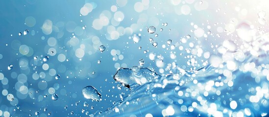 Poster - clear flowing water texture featuring drops set against a blue background. Copy space image. Place for adding text and design