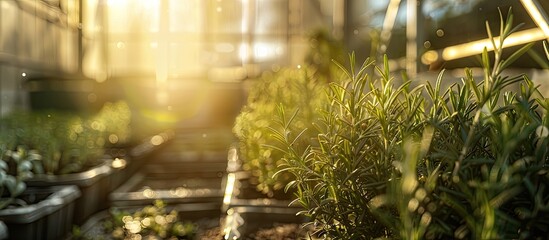 Canvas Print - Close up of a rosemary herb garden in a greenhouse Fresh rosemary plants in the garden. Copy space image. Place for adding text and design