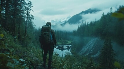 Wall Mural - A lone hiker with a backpack walks through a misty forest towards snow-capped mountains