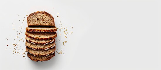 Poster - Top view of a sliced loaf of healthy gluten free lactose free high protein keto bread on a white background. Copy space image. Place for adding text and design