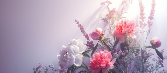 Sticker - Peony and wildflower arrangement on a white and lilac backdrop. Copy space image. Place for adding text and design