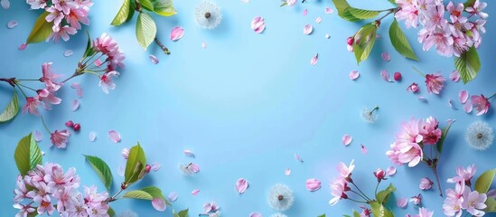 Sticker - Floral frame against a blue background Spring blossoms Cherry flowers leaves and dandelions Copyspace Greeting card