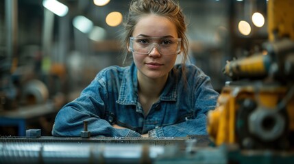 A woman wearing safety glasses operates a lathe. A worker on a metal lathe at an industrial production facility