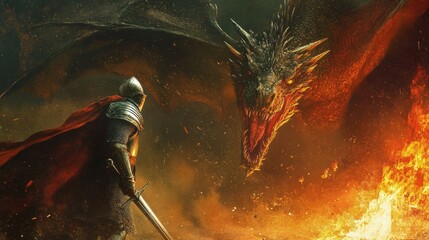 Poster - Knight Facing a Fiery Dragon in a Battlefield