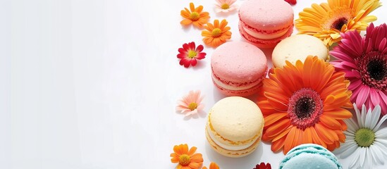 Sticker - Colorful macaroons and a bouquet of gerberas isolated on a white background. Copy space image. Place for adding text and design