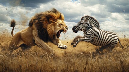 Poster - Lion Chasing Zebra in Grassy Savanna