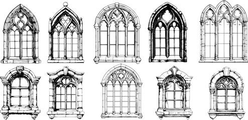 vector vintage illustration of victorian window frame set. antique gothic arch with ornate architect
