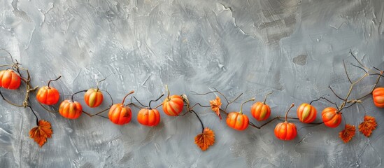 Poster - Autumn holiday greeting card idea a garland of orange artificial pumpkins set against a gray textured background copy space