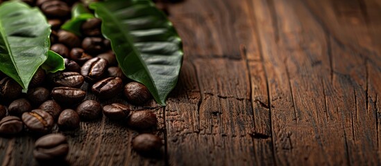 Canvas Print - Fresh coffee beans with a leaf on a wooden table. Copy space image. Place for adding text and design