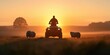© Blue Harvest Stock - A UK farmer on a quad bike in a misty morning field, sheep walking closely behind the bike