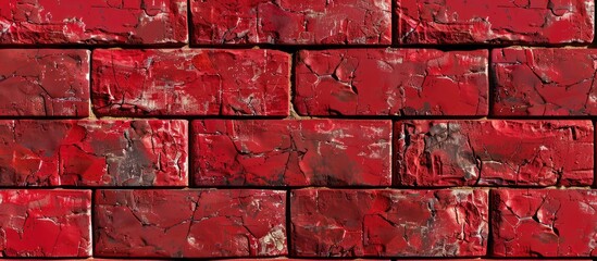 Sticker - Red brick block wall displays a pattern of stacked blocks with a rough surface texture The joints are sealed with cement grout and painted in red. Copy space image. Place for adding text and design