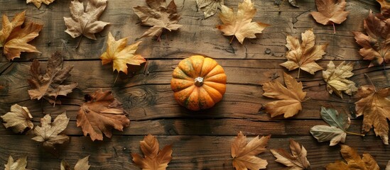 Sticker - Top view of a small pumpkin on a brown wooden surface surrounded by dried autumn leaves. Copy space image. Place for adding text and design