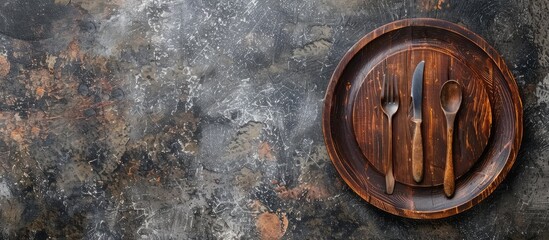 Empty round wooden plate and cutlery set against a textured grunge background. Copy space image. Place for adding text and design