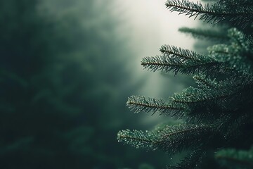 Sticker - Close up of Pine Tree Branch with Dew Drops in Foggy Forest