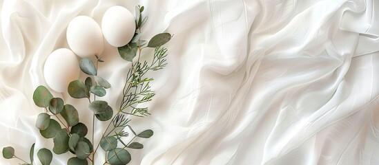 Sticker - Easter theme White chicken eggs on a white textile Adorned with eucalyptus leaves Top view and copy space