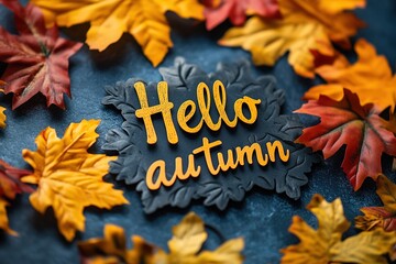 Hello Autumn white chalk lettering on blackboard. Autumn seasonal flat lay photo on wooden background. Hello Autumn inscription with orange leaf frame. Fall season banner template. Yellow leaf texture