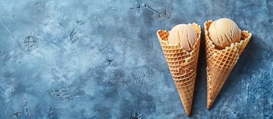 Wall Mural - Homemade waffle ice cream cones A sweet summer idea Top view copy space