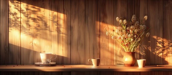 Wall Mural - Background featuring a bouquet of dried plants in a vase coffee cups and a wooden shelf illuminated by sunset light. Copy space image. Place for adding text and design