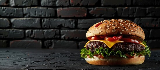 Canvas Print - Large cheeseburger loaded with cheese Stock photo side view of a cheeseburger against a black brick wall background. Copy space image. Place for adding text and design