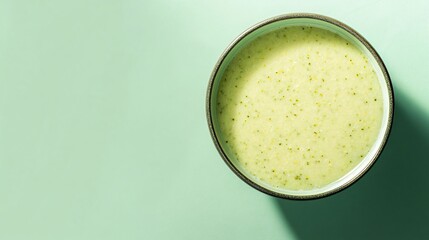 Wall Mural - A bowl of milk-based broccoli soup, isolated on a pastel green background with subtle shadows to enhance the creamy texture