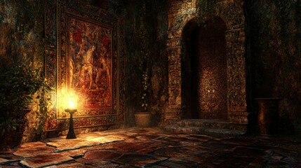 Sticker - A Single Lantern Illuminates a Dark Stone Room with an Ornate Tapestry and an Arched Doorway