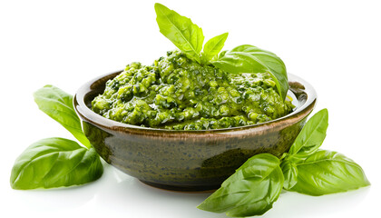 Fresh tasty pesto sauce isolated on white