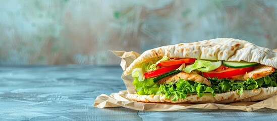 Canvas Print - Pita isolated a sandwich sabiche filled with chicken tomatoes cucumbers and salad on paper against a wooden light blue backdrop Middle Eastern cuisine Includes copy space for text and image