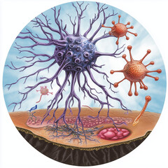 Cross-section of a virus affecting human cells in a scientific visualization