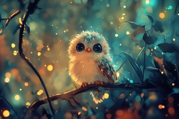 Cute baby owl with big eyes perched on a branch in a magical forest with glowing lights