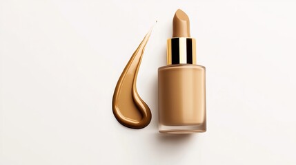 PNG image featuring a cosmetic bottle and a drop of foundation, isolated on a clean white background, providing a professional and elegant design element for makeup and skincare industries. 