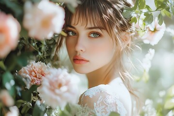 Poster - Beautiful young woman with long brown hair in a floral garden. She is surrounded by pink flowers. Close up portrait of her looking into the camera