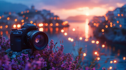 Wall Mural - Professional photo camera on outside  windowsill of rooftop capturing beautiful evening of the city