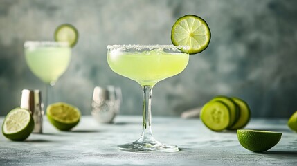 Striking cocktail garnished with slices of lime and cucumber, photographed in a studio setting. 