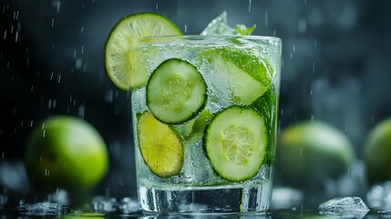 Striking cocktail garnished with slices of lime and cucumber, photographed in a studio setting. 