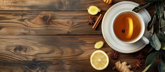 Canvas Print - A cup of ginger tea with lemon honey and spices on a rustic wooden surface with copy space Top view