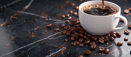 Wall Mural - Coffee is poured into a white cup surrounded by roasted coffee beans scattered across a dark marble surface. Copy space image. Place for adding text and design