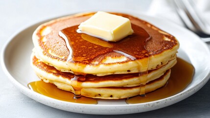 A plate of fluffy milk pancakes topped with butter and syrup, isolated on a matte white background for a clean, bright feel