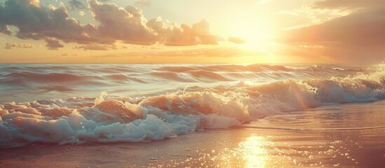 Wall Mural - Sea beach surf waves scene at sunset with a dramatic sunset sky in vintage style beige tones. Copy space image. Place for adding text and design