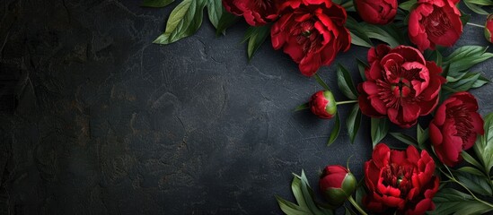 Sticker - red peonies on a dark backdrop top view space for text. Copy space image. Place for adding text and design