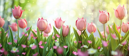 spring flowers banner pink tulips blooming in a field pink petals and green leaves of flowering plan