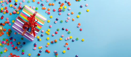 Wall Mural - Rainbow gift box and candy confetti on a blue backdrop Flat lay top view. Copy space image. Place for adding text and design