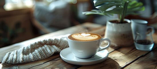 Poster - Close up of a cup of hot latte coffee on a wooden table featuring beautiful latte art. Copy space image. Place for adding text and design