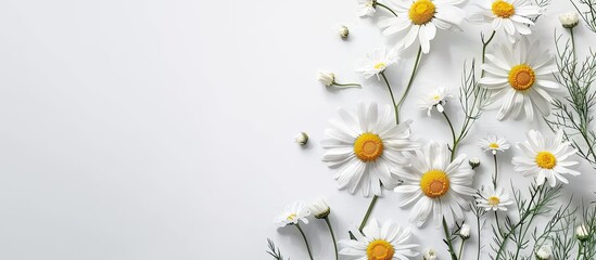 Poster - Attractive chamomile flowers on a white background arranged in a flat lay with room for text. Copy space image. Place for adding text and design