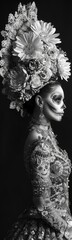 A black and white of a woman with a skeleton face