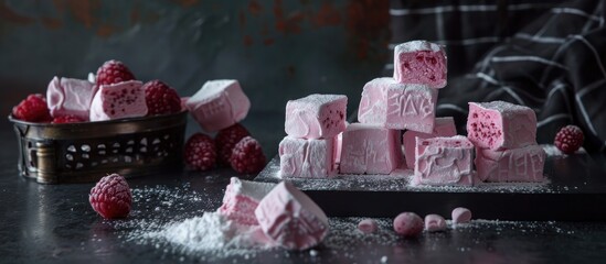 Wall Mural - delicate berry marshmallows zephyr placed in front of a box of treats on a dark table. Copy space image. Place for adding text and design