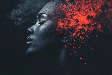 Poster - Abstract portrait of a woman with red and black particles exploding from her head